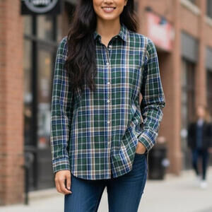J.CREW Women's Green Blue Tulsa Plaid Long Sleeve Button Down Shirt Size 12